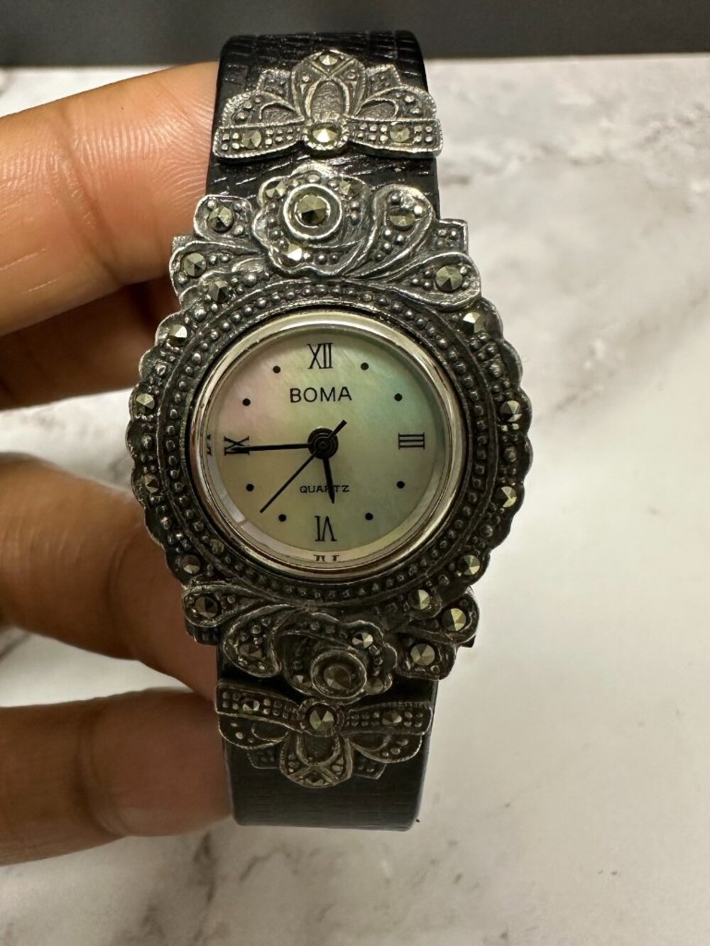 Vintage Boma Watch Womens 925 Sterling Silver Case Marcasite Leather Band Works